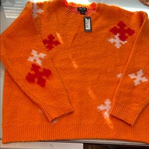 NWT MAN Boohoo Vibrant Orange Crewneck fuzzy Sweater with graphic Pattern